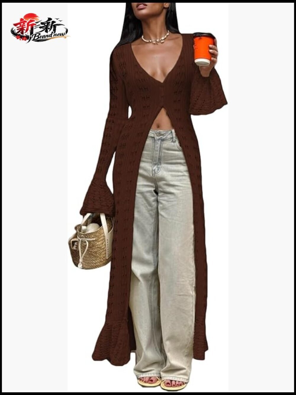 Women Crochet Hollow Out Knit Long Cardigan Cover Up Maxi Dress Button Down